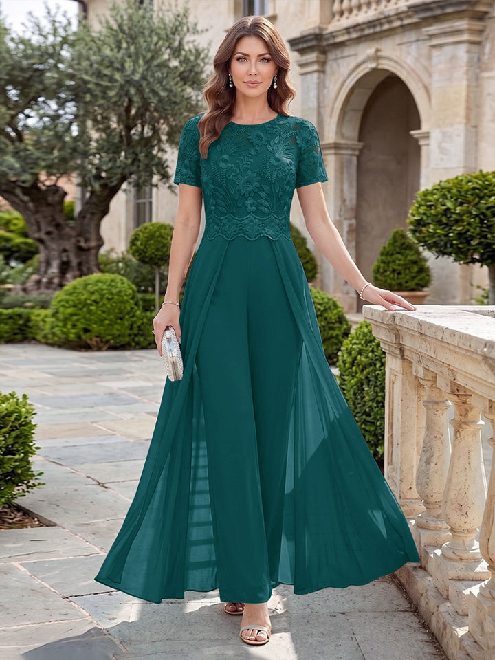 A-Line/Princess Scoop Short Sleeves Jumpsuit with Applique