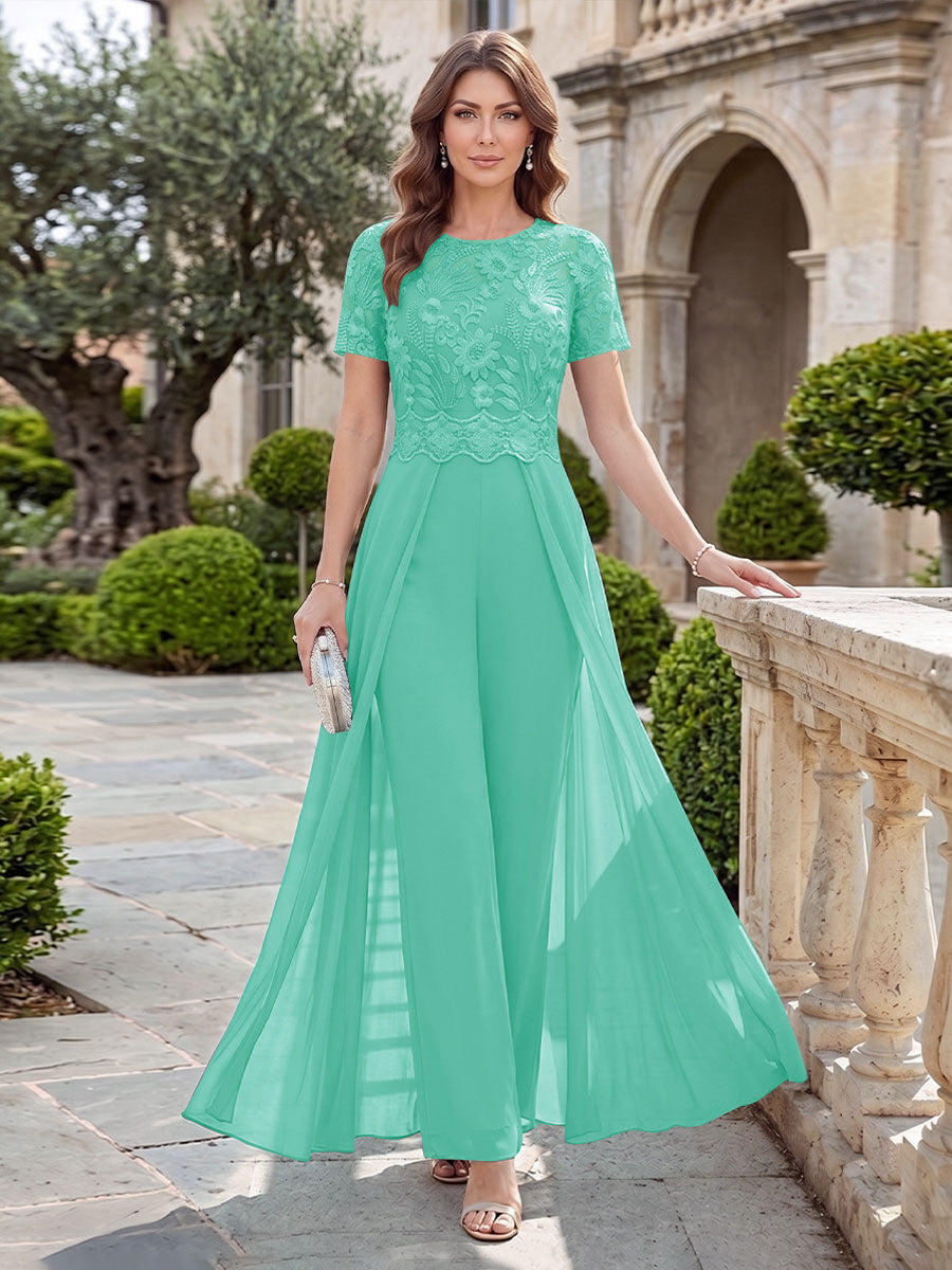 A-Line/Princess Scoop Short Sleeves Jumpsuit with Applique