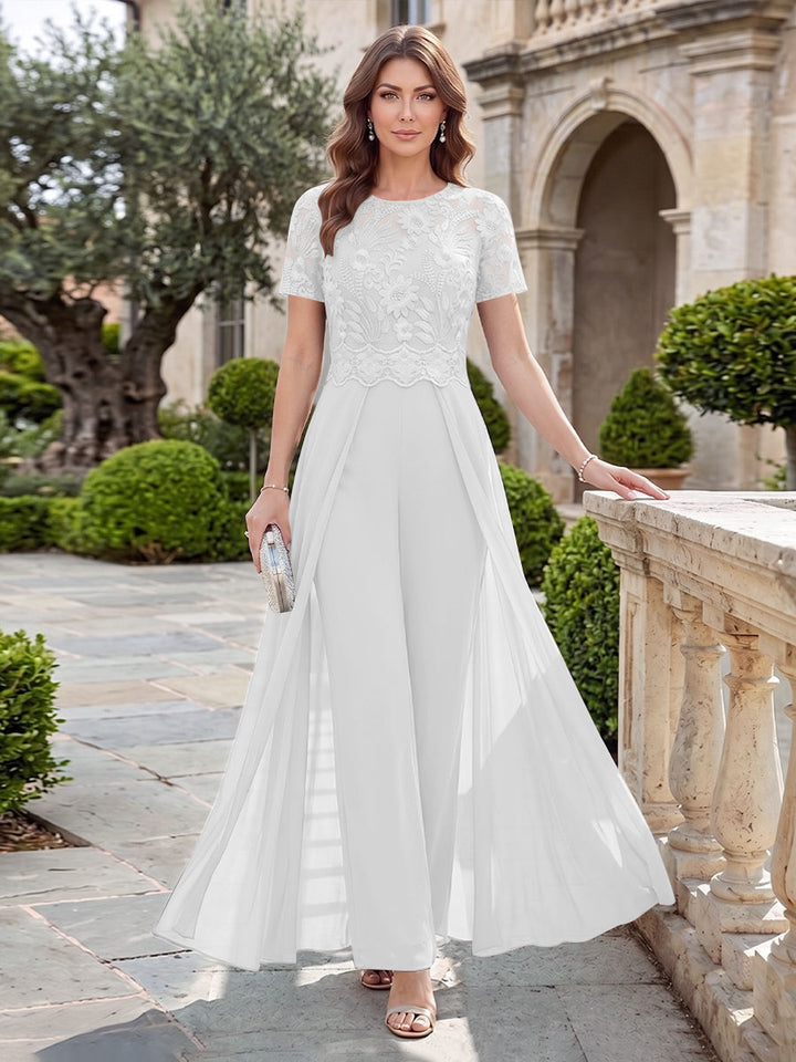 A-Line/Princess Scoop Short Sleeves Jumpsuit with Applique