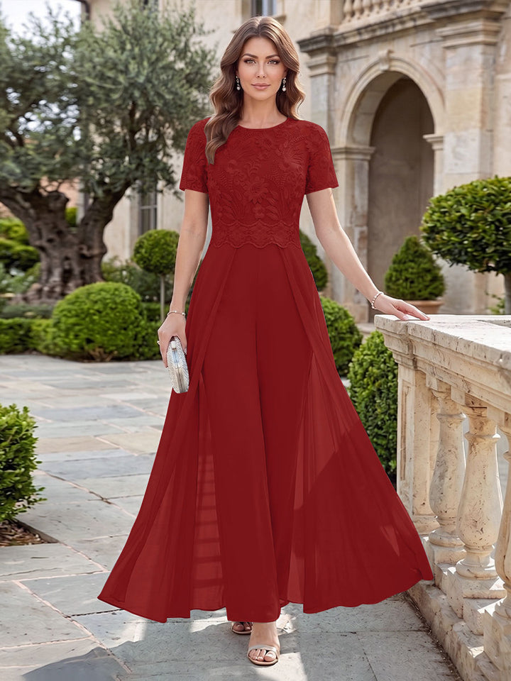 A-Line/Princess Scoop Short Sleeves Jumpsuit with Applique