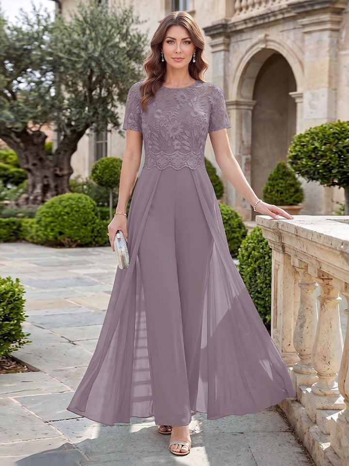 A-Line/Princess Scoop Short Sleeves Jumpsuit with Applique