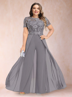 A-Line/Princess Scoop Short Sleeves Plus Size Mother of the Bride Jumpsuit with Applique