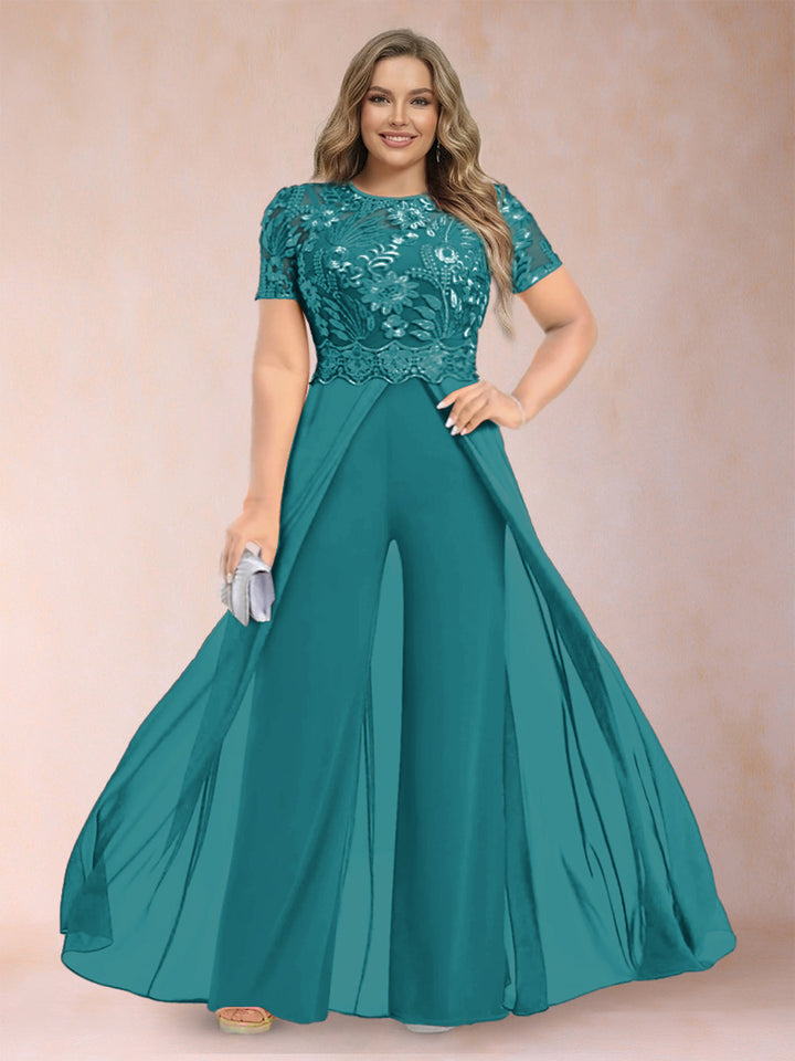 A-Line/Princess Scoop Short Sleeves Plus Size Mother of the Bride Jumpsuit with Applique