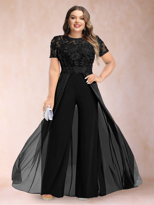 A-Line/Princess Scoop Short Sleeves Plus Size Mother of the Bride Jumpsuit with Applique