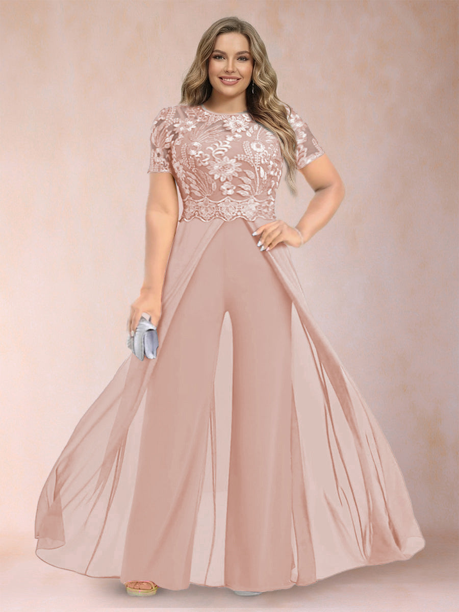 A-Line/Princess Scoop Short Sleeves Plus Size Mother of the Bride Jumpsuit with Applique