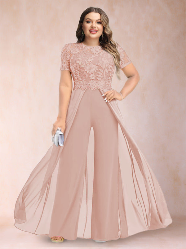A-Line/Princess Scoop Short Sleeves Plus Size Mother of the Bride Jumpsuit with Applique
