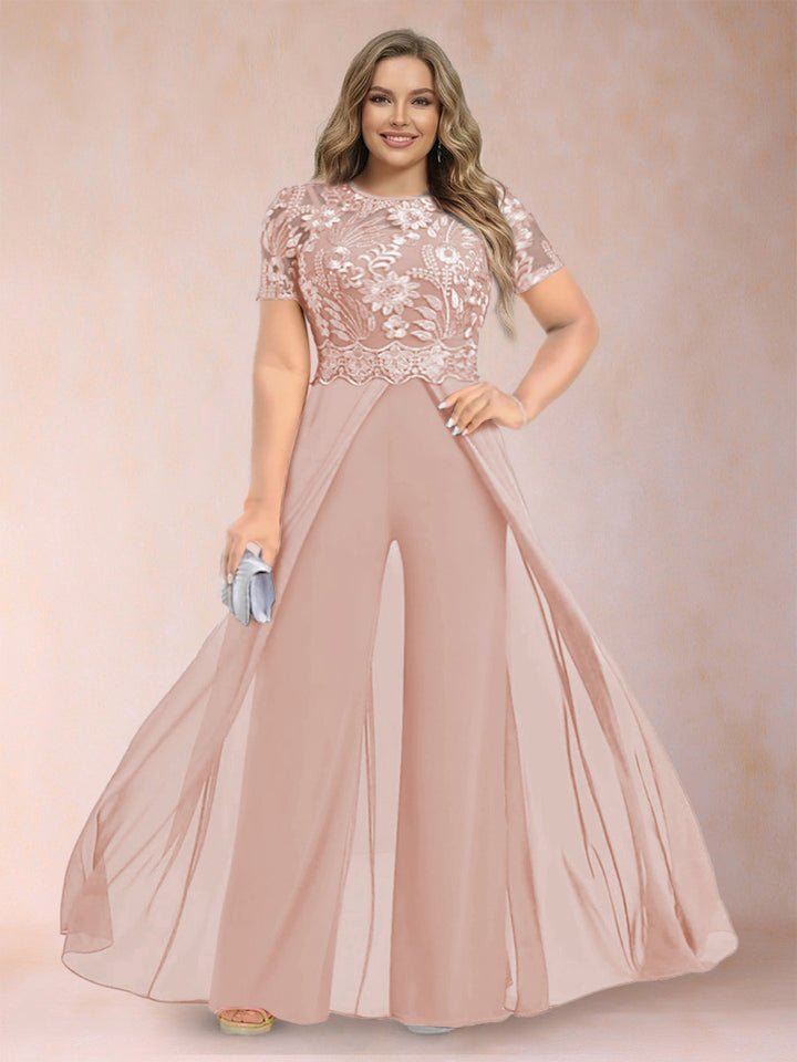A-Line/Princess Scoop Short Sleeves Plus Size Mother of the Bride Jumpsuit with Applique