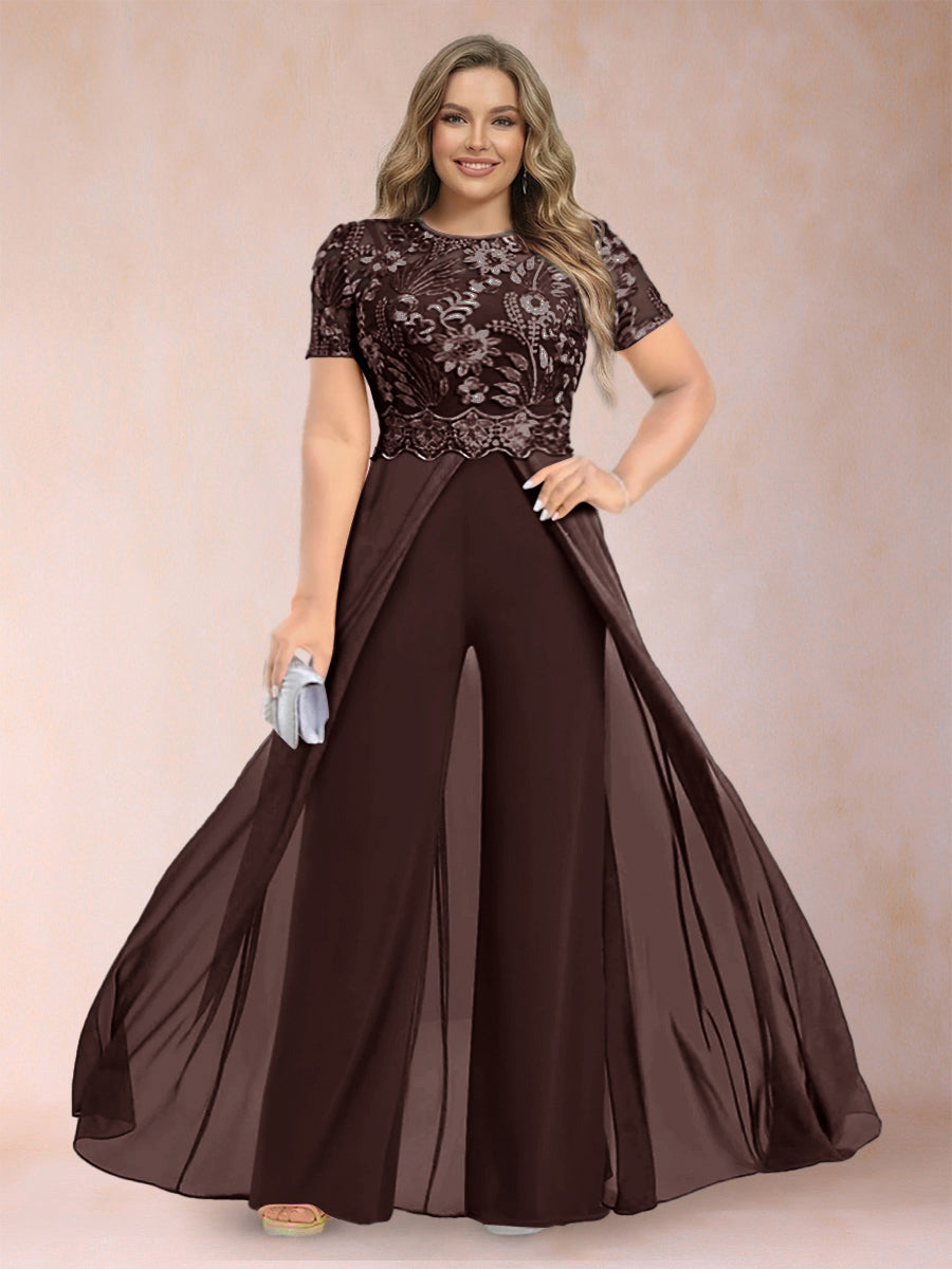 A-Line/Princess Scoop Short Sleeves Plus Size Mother of the Bride Jumpsuit with Applique