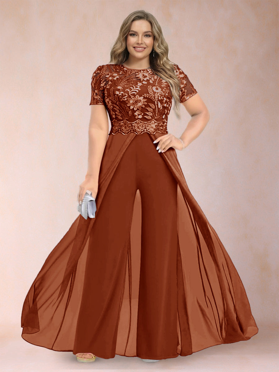 A-Line/Princess Scoop Short Sleeves Plus Size Mother of the Bride Jumpsuit with Applique