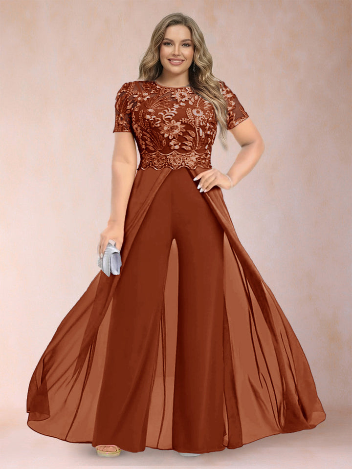 A-Line/Princess Scoop Short Sleeves Plus Size Mother of the Bride Jumpsuit with Applique