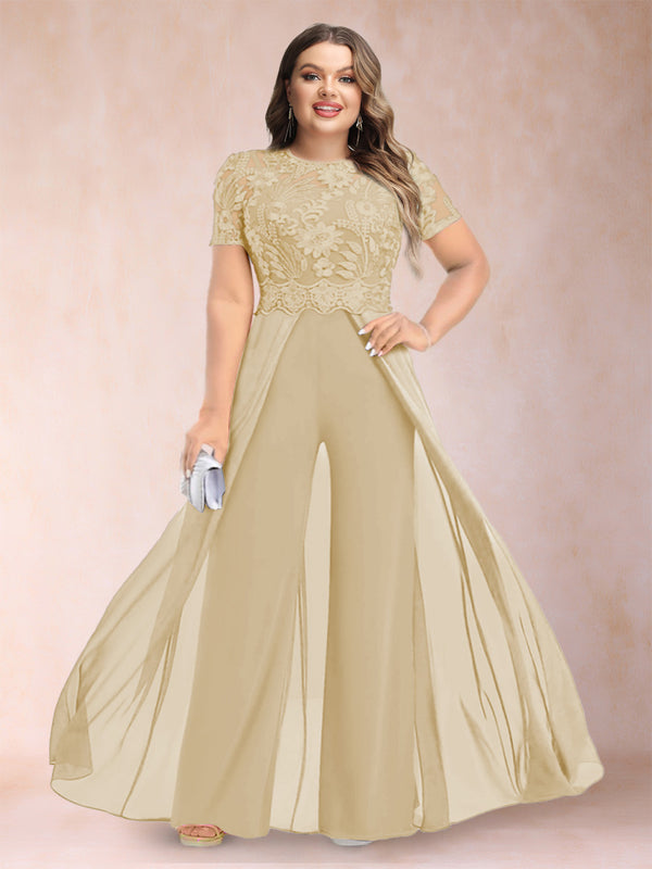 A-Line/Princess Scoop Short Sleeves Plus Size Mother of the Bride Jumpsuit with Applique