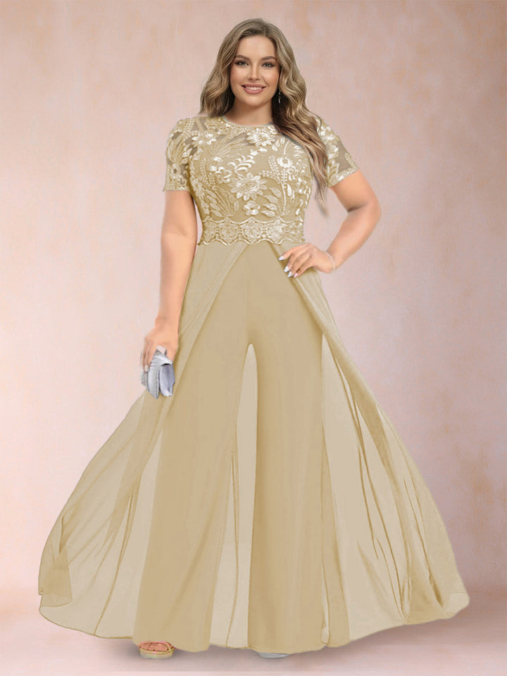 A-Line/Princess Scoop Short Sleeves Plus Size Mother of the Bride Jumpsuit with Applique