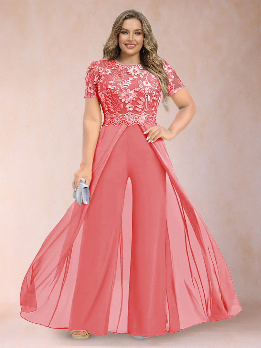 A-Line/Princess Scoop Short Sleeves Plus Size Mother of the Bride Jumpsuit with Applique