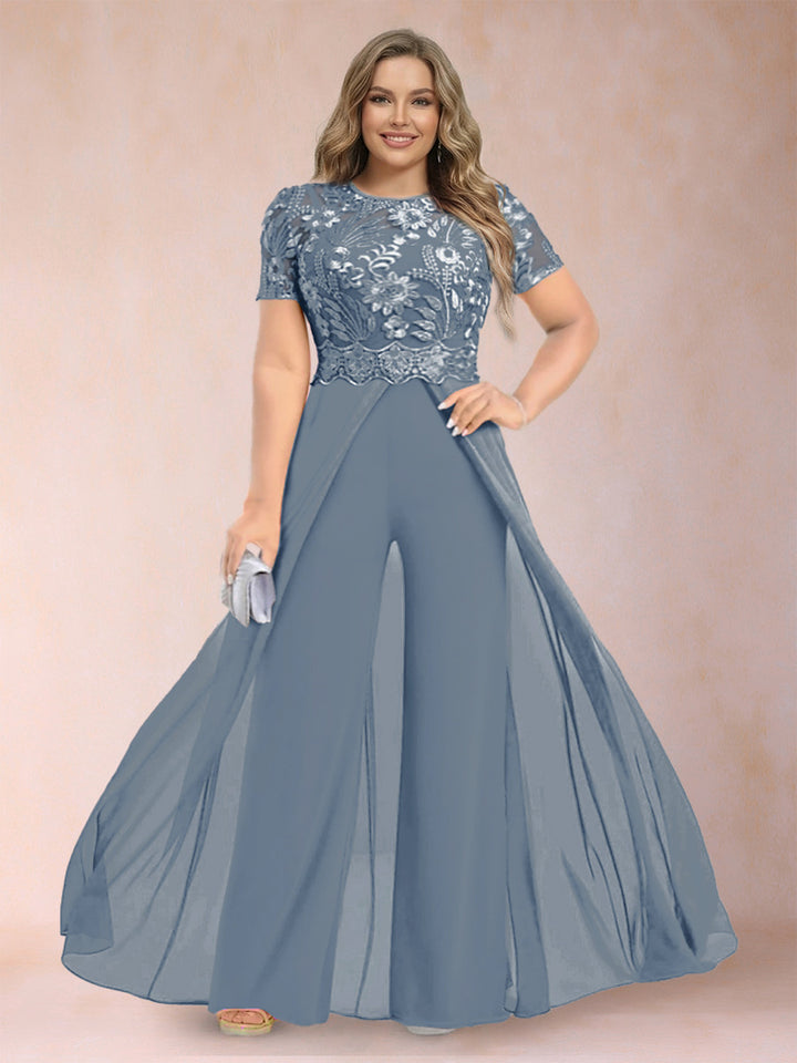 A-Line/Princess Scoop Short Sleeves Plus Size Mother of the Bride Jumpsuit with Applique