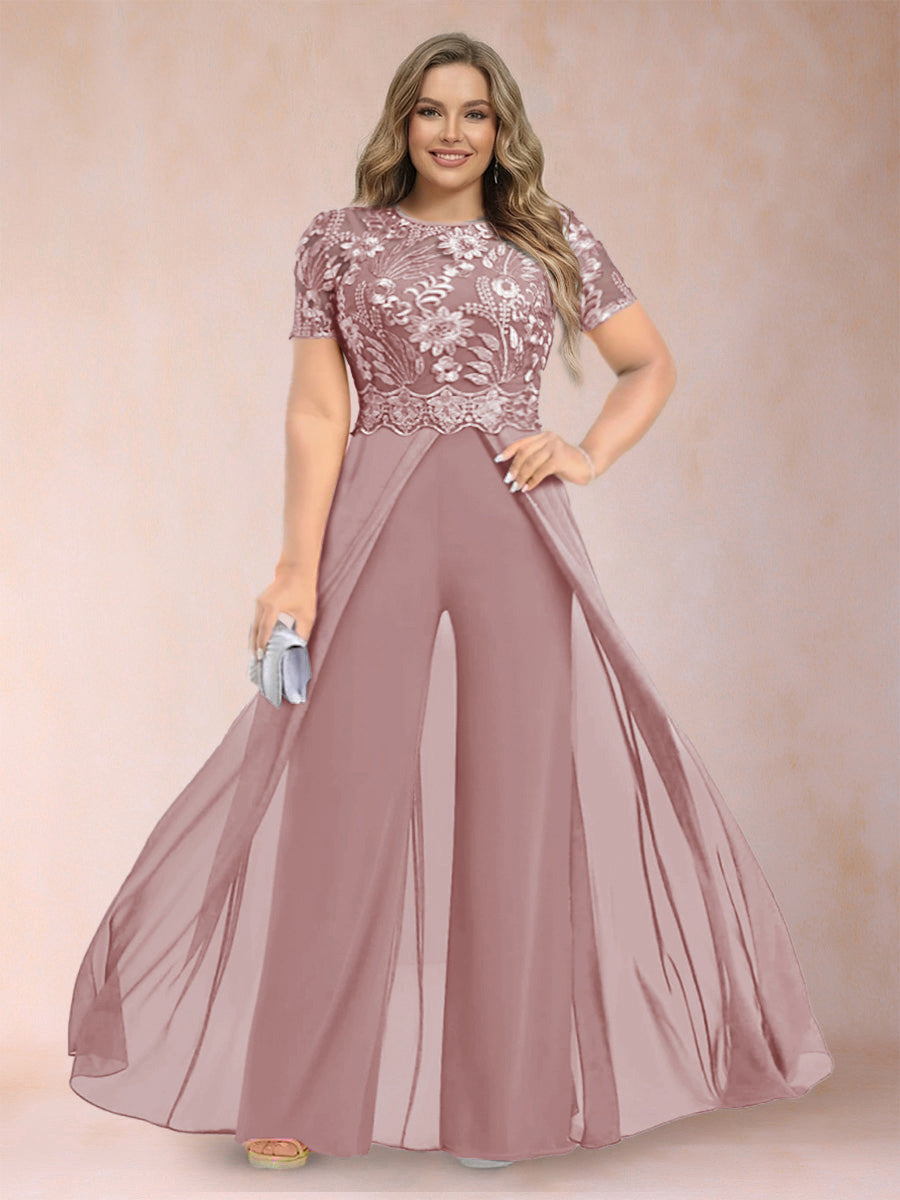 A-Line/Princess Scoop Short Sleeves Plus Size Mother of the Bride Jumpsuit with Applique