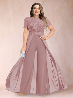 A-Line/Princess Scoop Short Sleeves Plus Size Mother of the Bride Jumpsuit with Applique