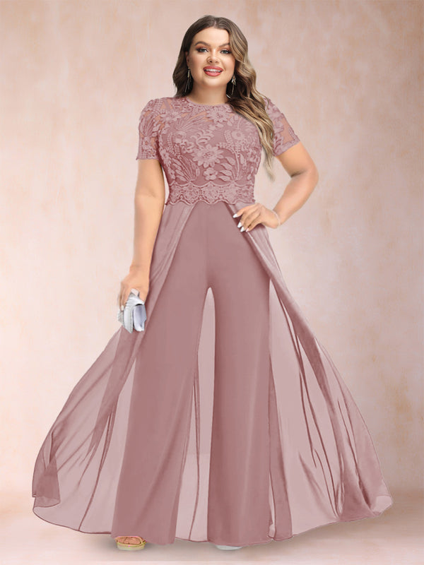 A-Line/Princess Scoop Short Sleeves Plus Size Mother of the Bride Jumpsuit with Applique
