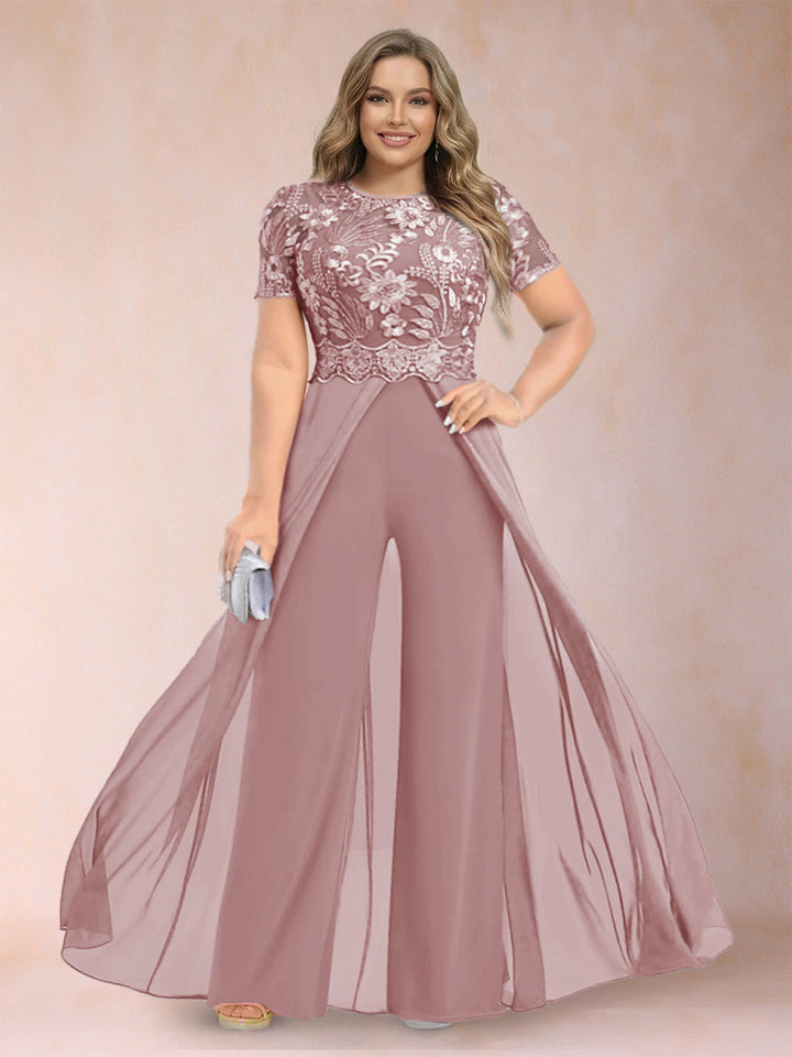 A-Line/Princess Scoop Short Sleeves Plus Size Mother of the Bride Jumpsuit with Applique
