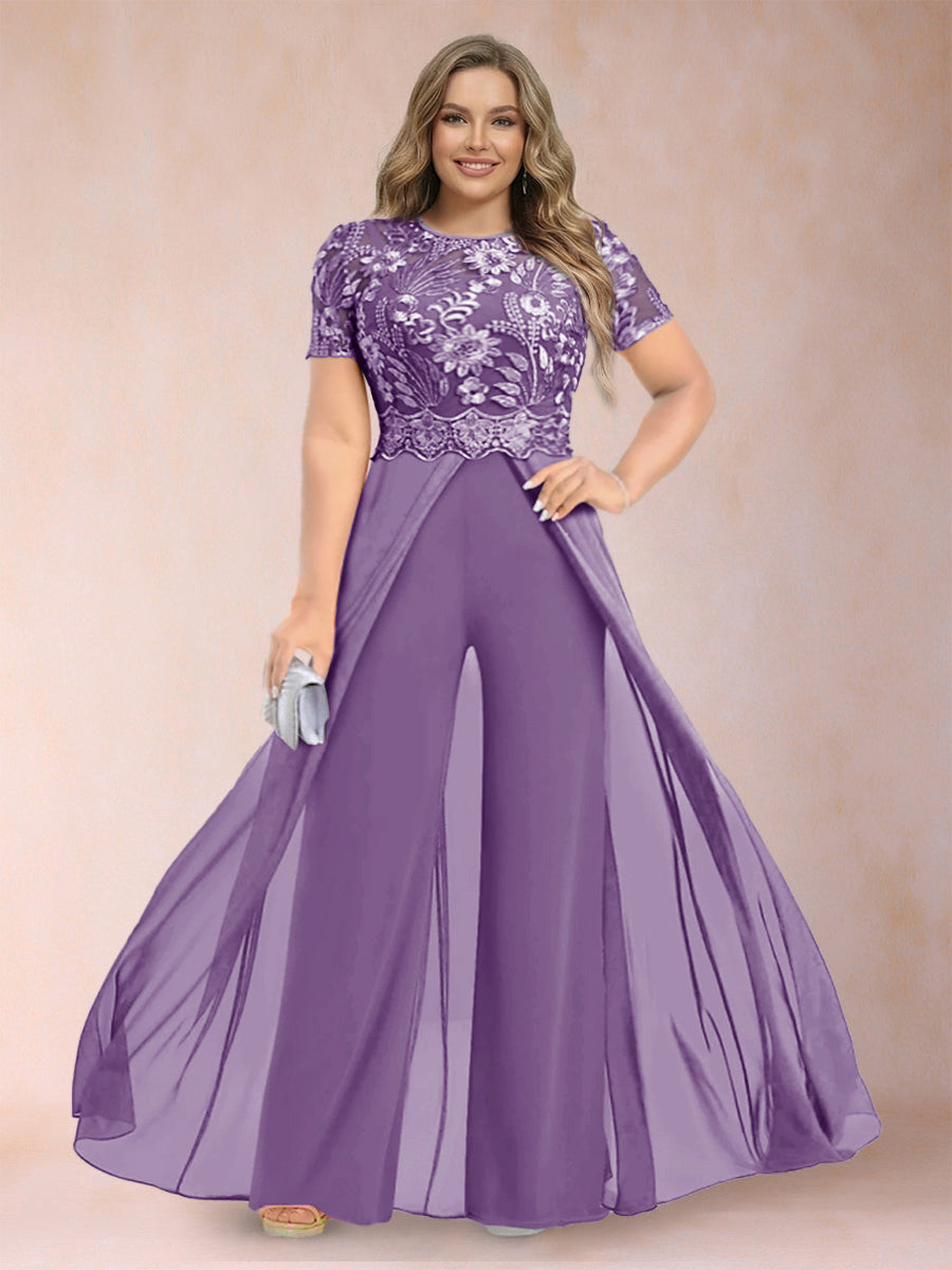 A-Line/Princess Scoop Short Sleeves Plus Size Mother of the Bride Jumpsuit with Applique