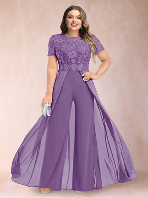 A-Line/Princess Scoop Short Sleeves Plus Size Mother of the Bride Jumpsuit with Applique