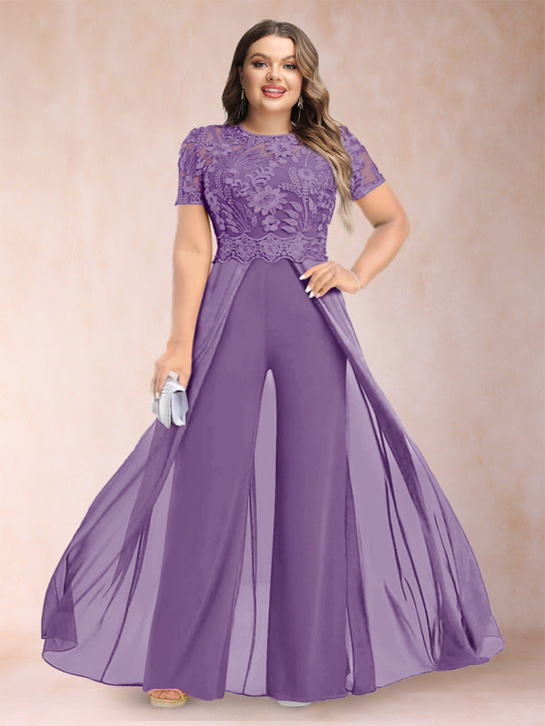 A-Line/Princess Scoop Short Sleeves Plus Size Mother of the Bride Jumpsuit with Applique