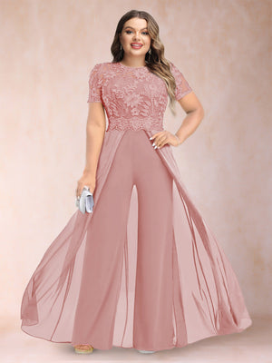 A-Line/Princess Scoop Short Sleeves Plus Size Mother of the Bride Jumpsuit with Applique
