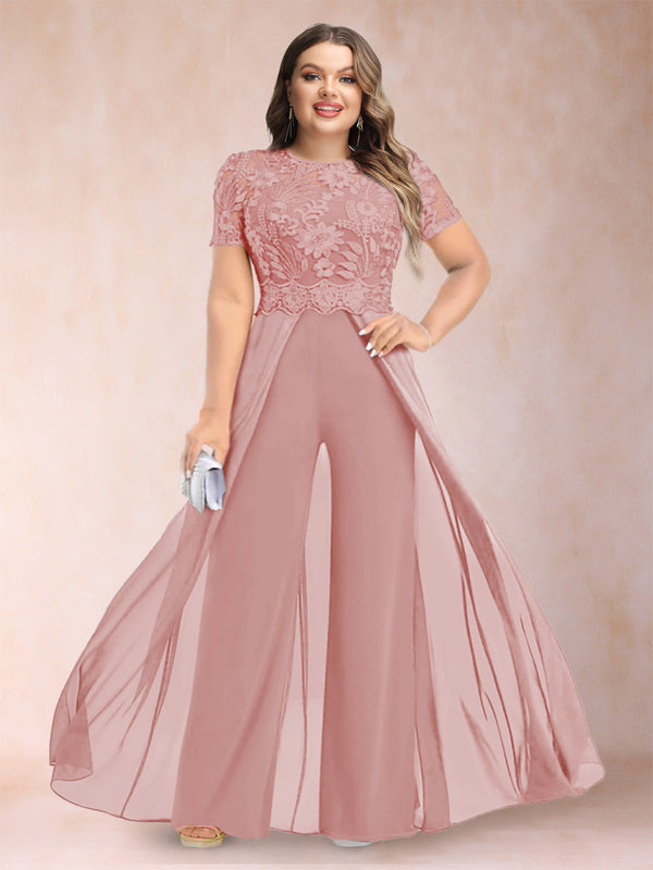 A-Line/Princess Scoop Short Sleeves Plus Size Mother of the Bride Jumpsuit with Applique