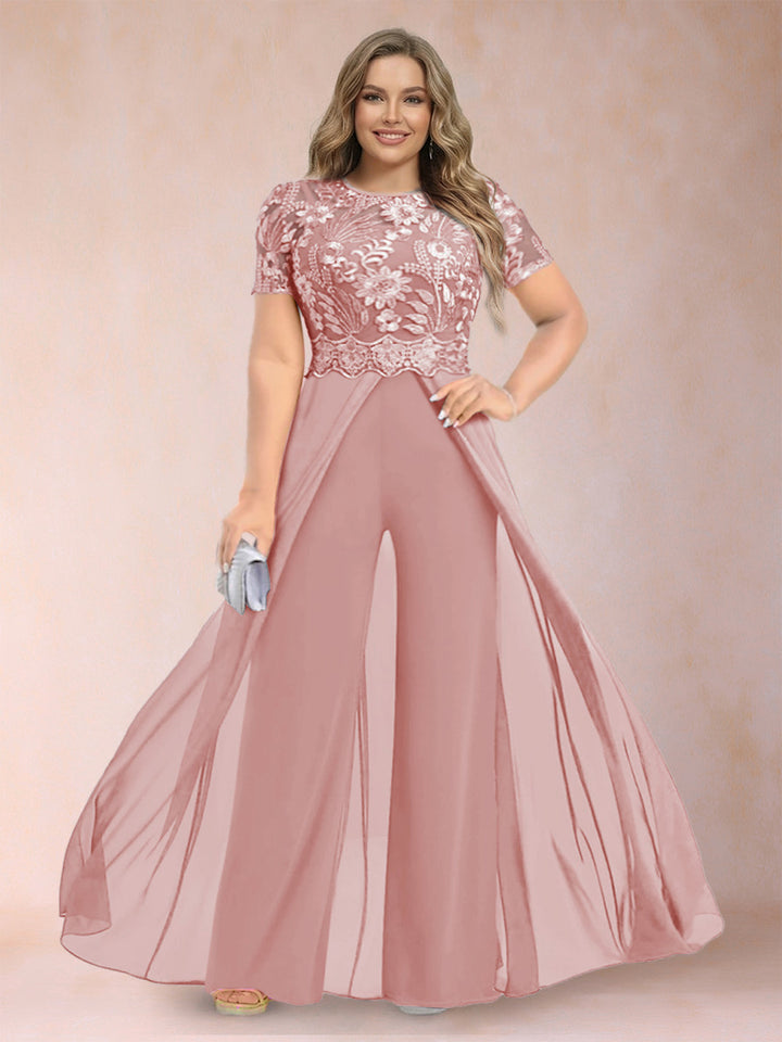 A-Line/Princess Scoop Short Sleeves Plus Size Mother of the Bride Jumpsuit with Applique