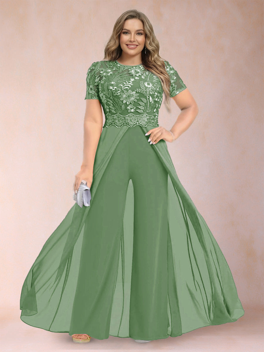 A-Line/Princess Scoop Short Sleeves Plus Size Mother of the Bride Jumpsuit with Applique
