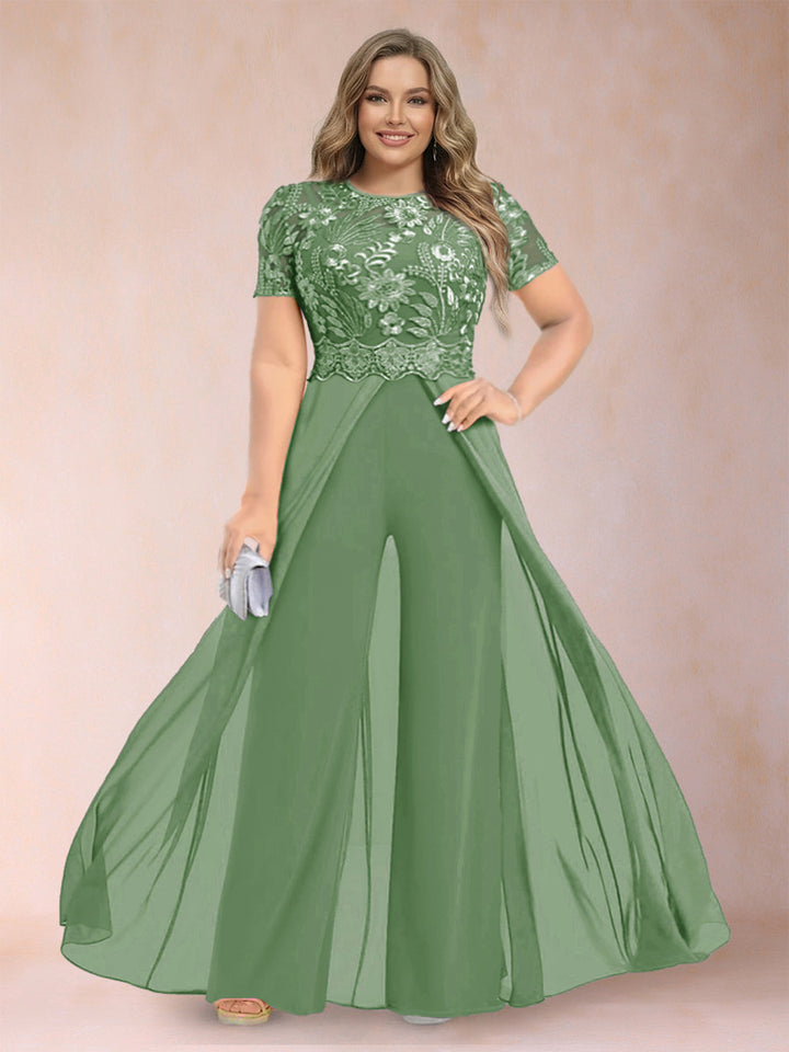 A-Line/Princess Scoop Short Sleeves Plus Size Mother of the Bride Jumpsuit with Applique