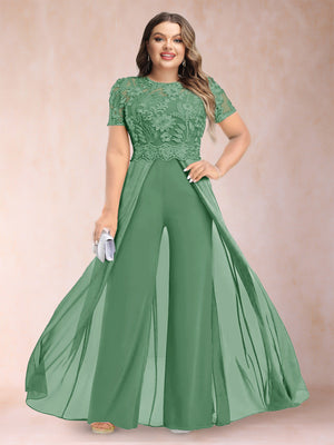 A-Line/Princess Scoop Short Sleeves Plus Size Mother of the Bride Jumpsuit with Applique