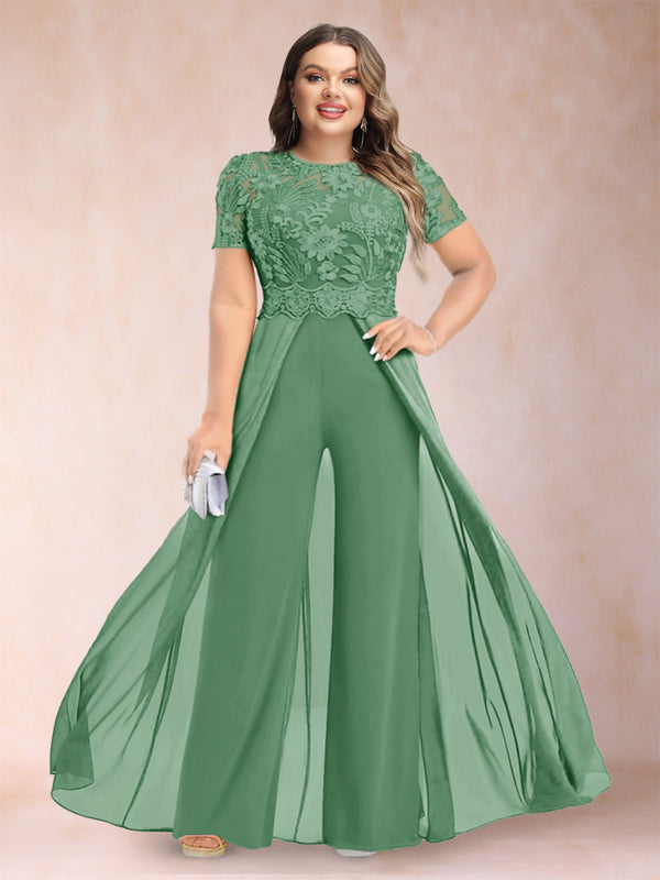 A-Line/Princess Scoop Short Sleeves Plus Size Mother of the Bride Jumpsuit with Applique