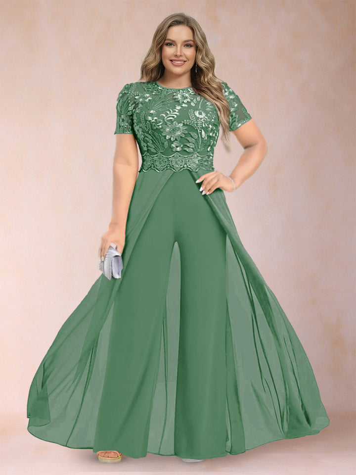 A-Line/Princess Scoop Short Sleeves Plus Size Mother of the Bride Jumpsuit with Applique