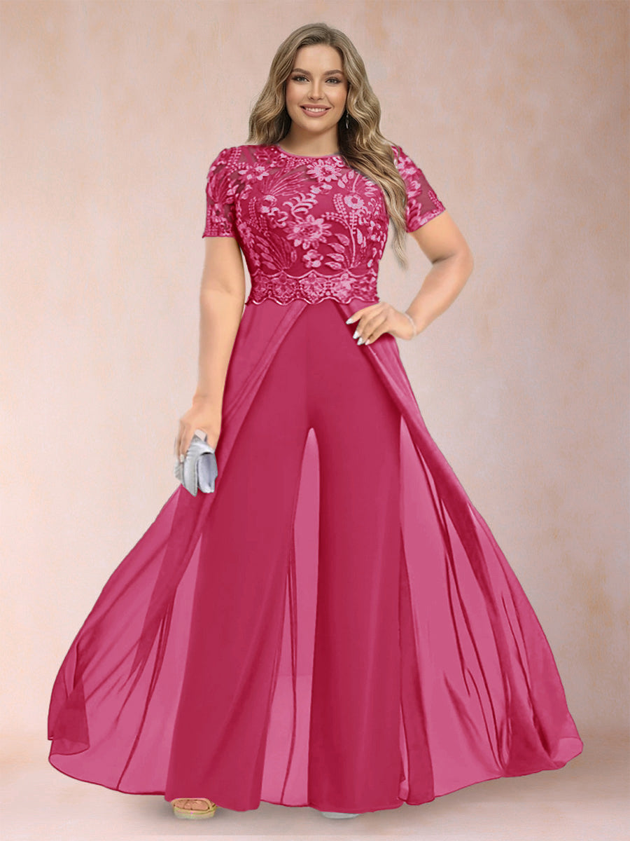 A-Line/Princess Scoop Short Sleeves Plus Size Mother of the Bride Jumpsuit with Applique