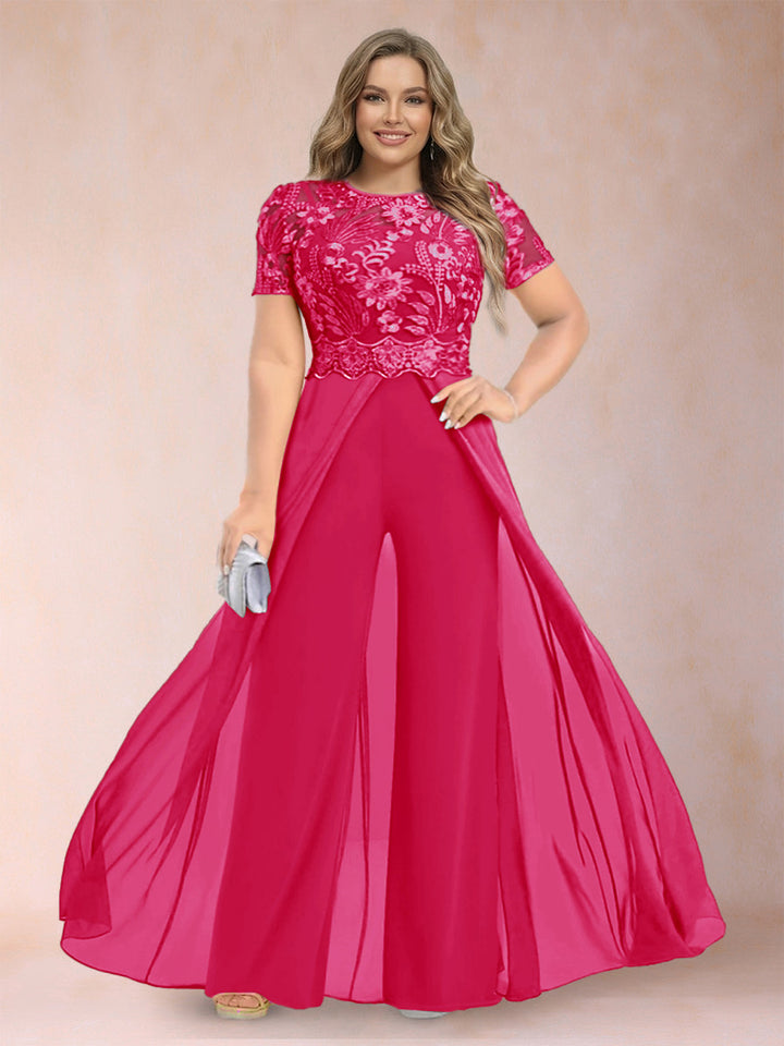 A-Line/Princess Scoop Short Sleeves Plus Size Mother of the Bride Jumpsuit with Applique