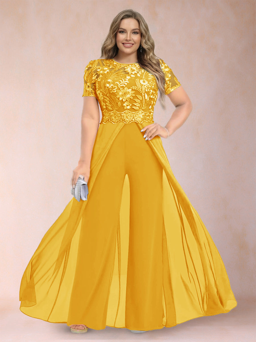A-Line/Princess Scoop Short Sleeves Plus Size Mother of the Bride Jumpsuit with Applique