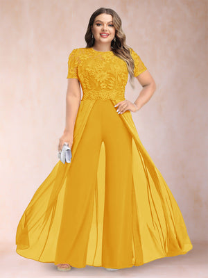 A-Line/Princess Scoop Short Sleeves Plus Size Mother of the Bride Jumpsuit with Applique