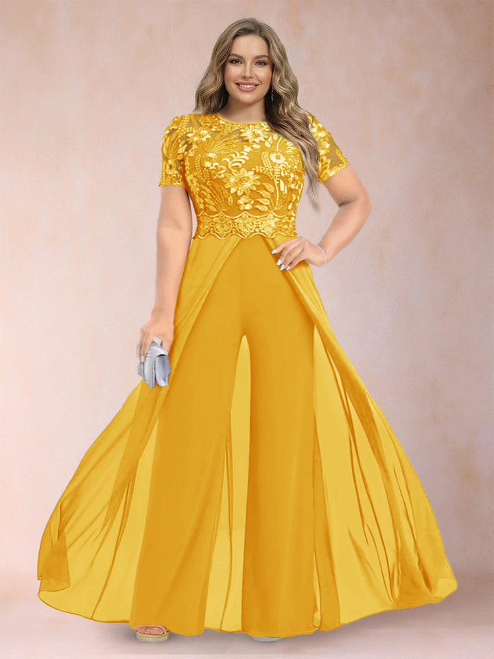 A-Line/Princess Scoop Short Sleeves Plus Size Mother of the Bride Jumpsuit with Applique