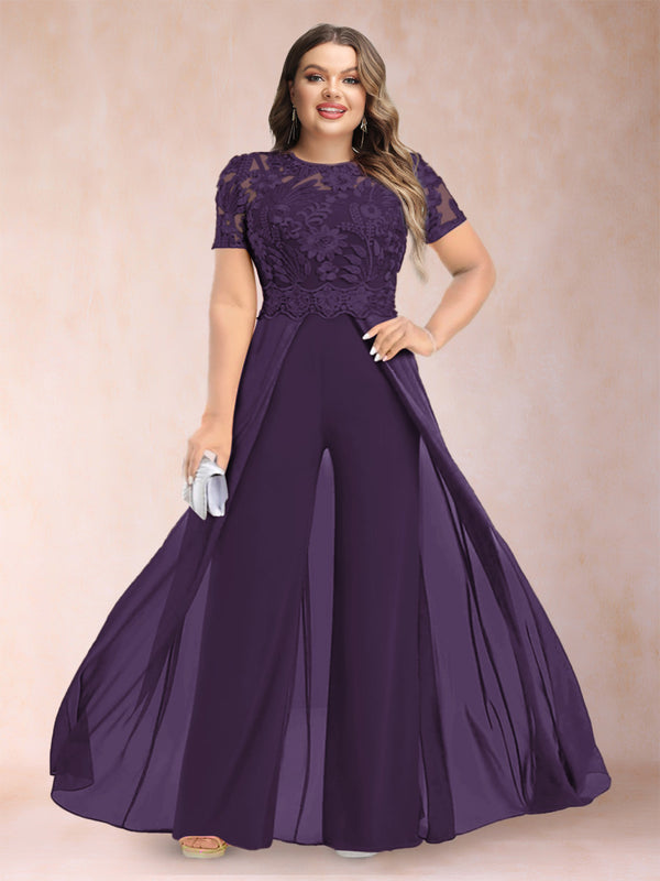 A-Line/Princess Scoop Short Sleeves Plus Size Mother of the Bride Jumpsuit with Applique