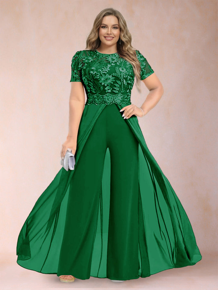 A-Line/Princess Scoop Short Sleeves Plus Size Mother of the Bride Jumpsuit with Applique