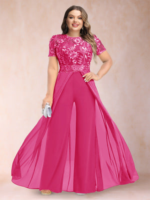 A-Line/Princess Scoop Short Sleeves Plus Size Mother of the Bride Jumpsuit with Applique