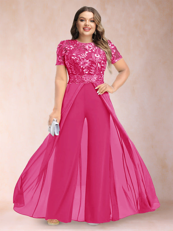 A-Line/Princess Scoop Short Sleeves Plus Size Mother of the Bride Jumpsuit with Applique