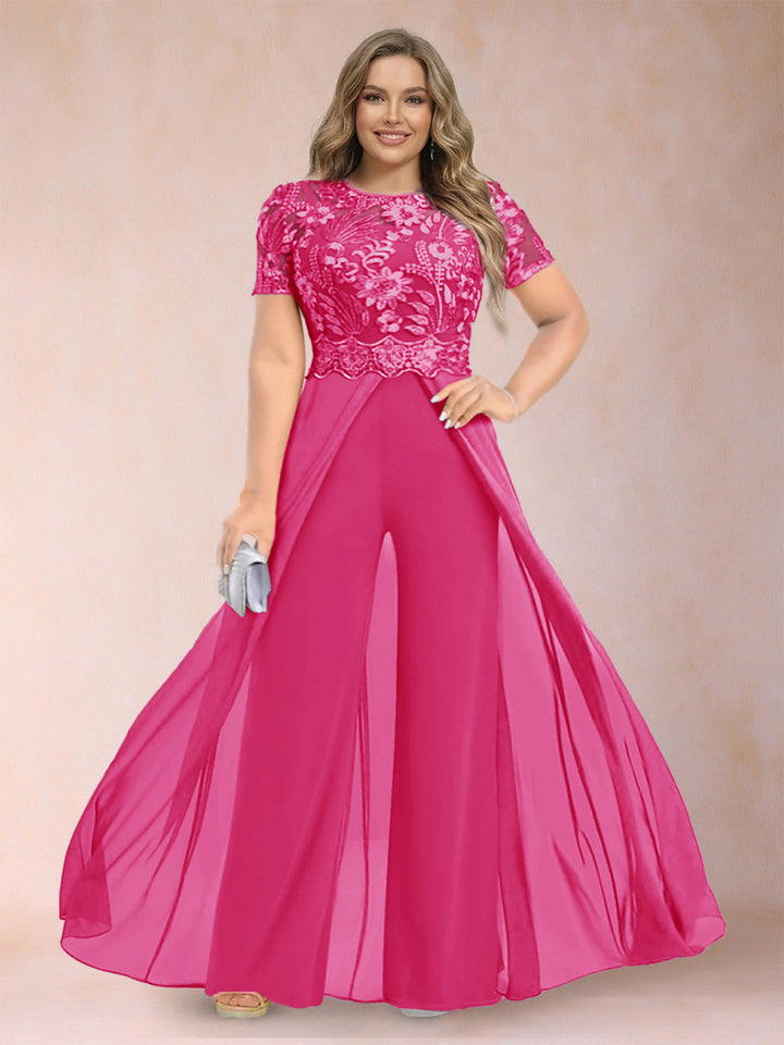 A-Line/Princess Scoop Short Sleeves Plus Size Mother of the Bride Jumpsuit with Applique