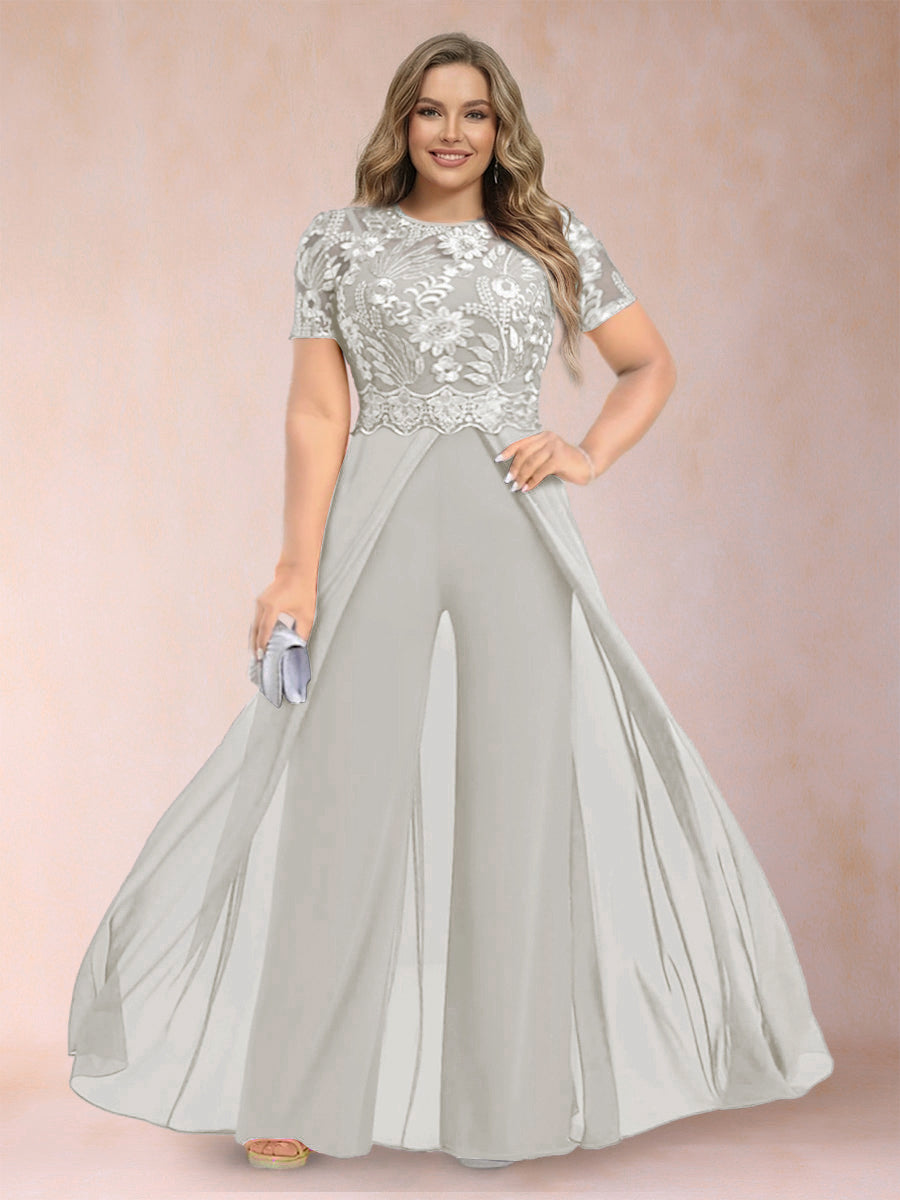 A-Line/Princess Scoop Short Sleeves Plus Size Mother of the Bride Jumpsuit with Applique