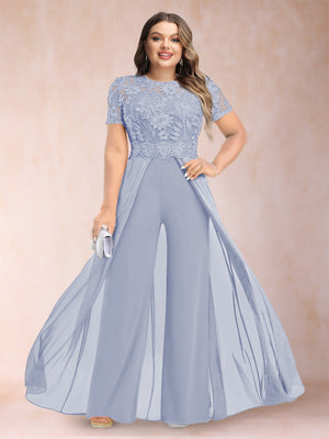 A-Line/Princess Scoop Short Sleeves Plus Size Mother of the Bride Jumpsuit with Applique