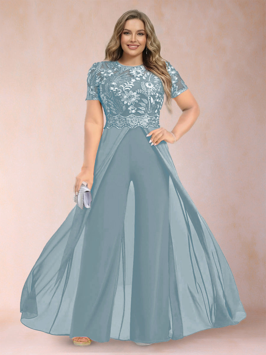 A-Line/Princess Scoop Short Sleeves Plus Size Mother of the Bride Jumpsuit with Applique