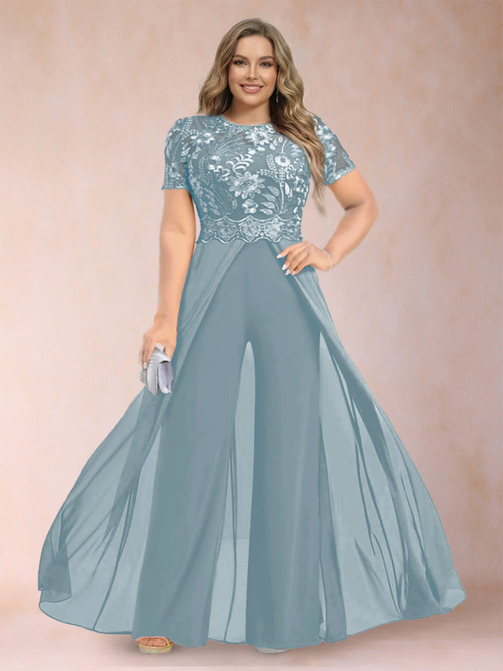 A-Line/Princess Scoop Short Sleeves Plus Size Mother of the Bride Jumpsuit with Applique