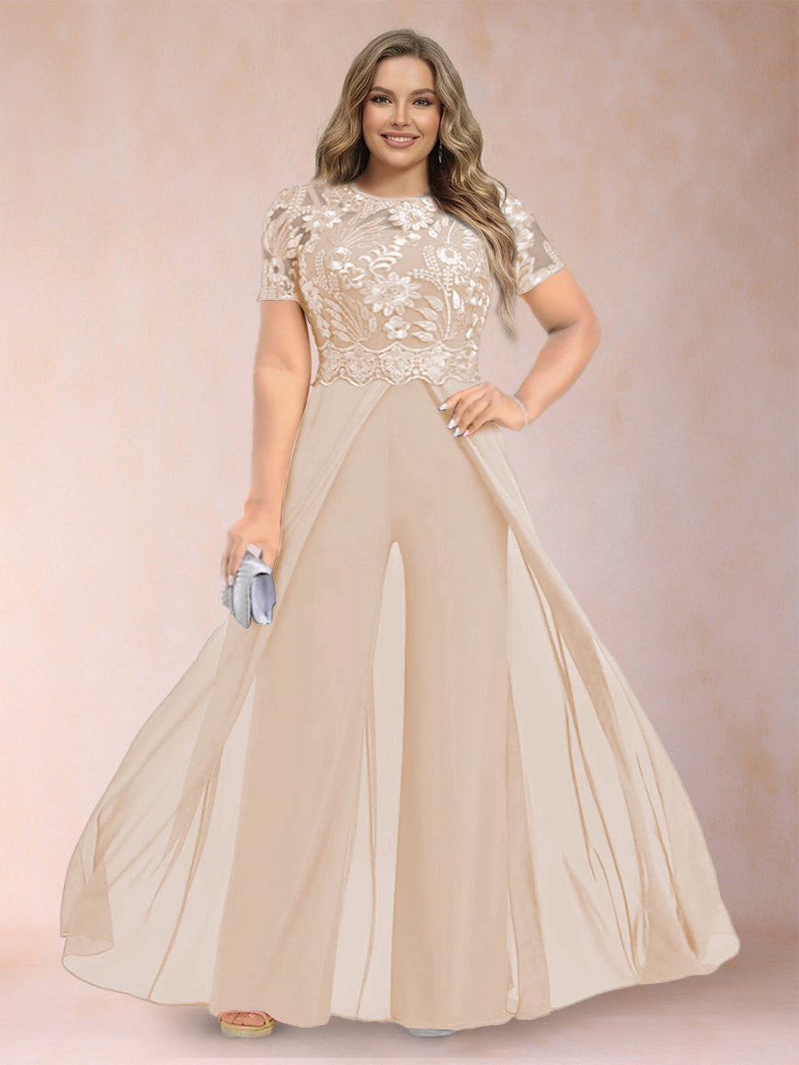 A-Line/Princess Scoop Short Sleeves Plus Size Mother of the Bride Jumpsuit with Applique