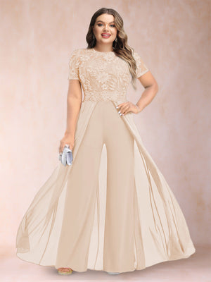 A-Line/Princess Scoop Short Sleeves Plus Size Mother of the Bride Jumpsuit with Applique