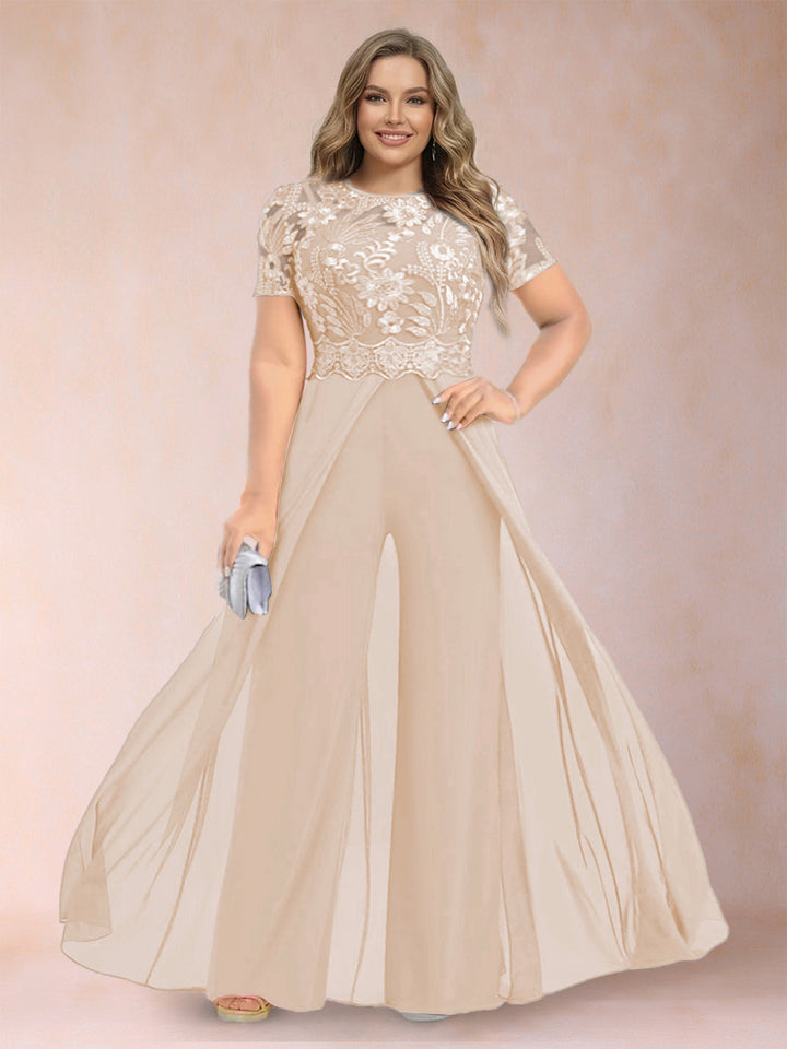 A-Line/Princess Scoop Short Sleeves Plus Size Mother of the Bride Jumpsuit with Applique
